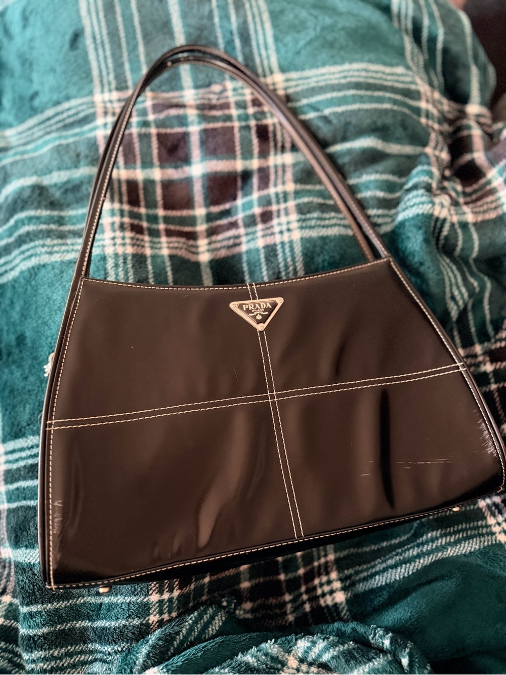 Prada Black Nylon Shoulder Bag with White Contrast Stitching